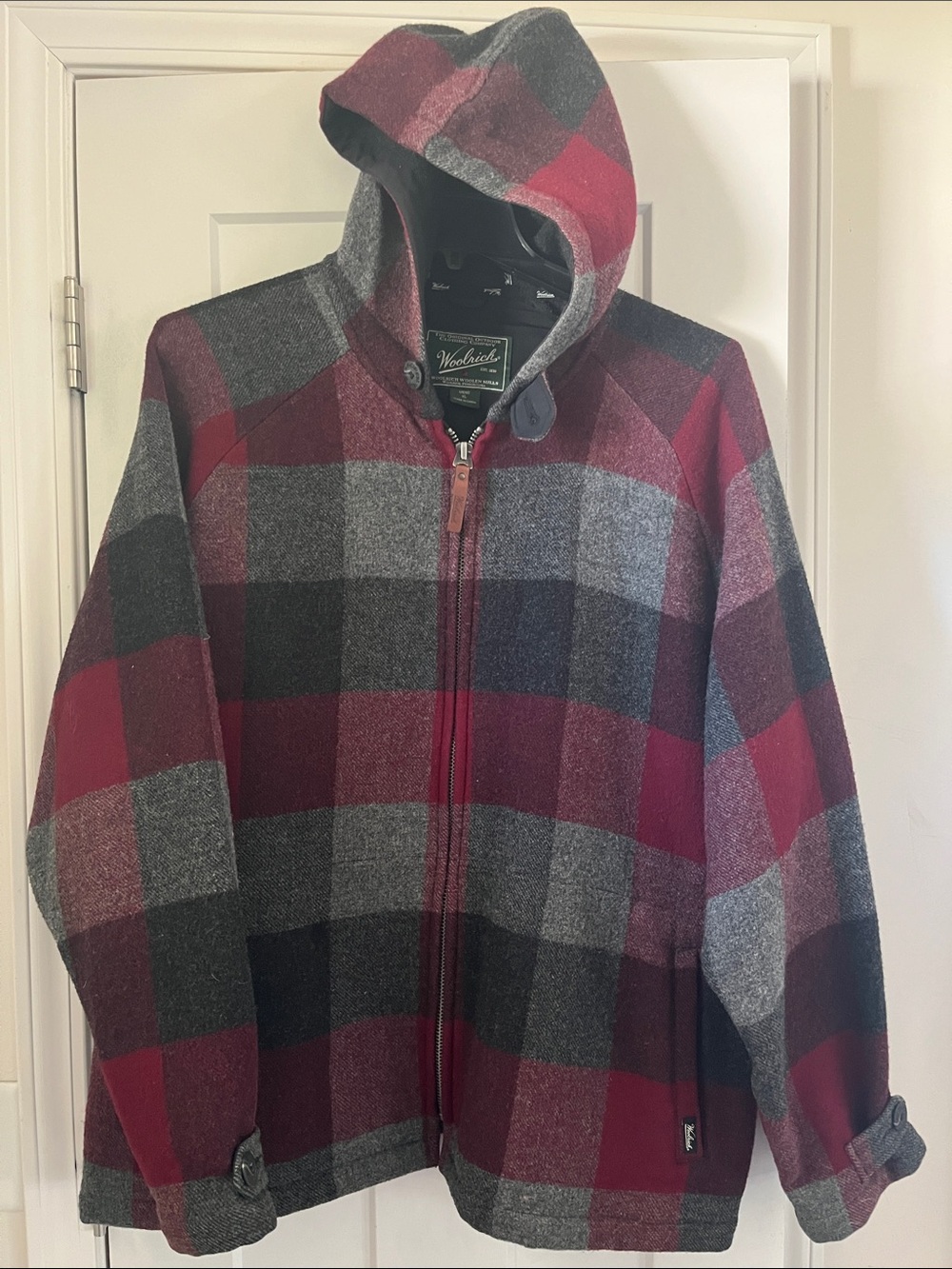 Woolrich Wool Hooded Plaid Field Jacket in Red & Gray